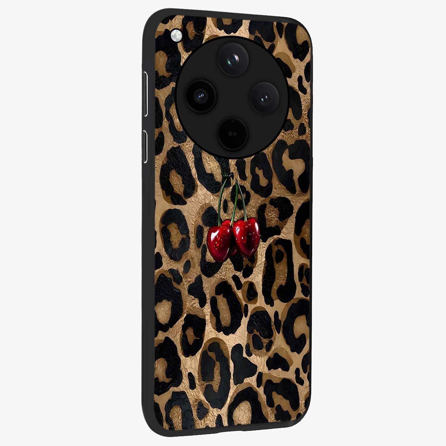 Leopard Wild Cherry Glass Case upright view showcasing stylish leopard pattern artwork with trendy fashion theme.