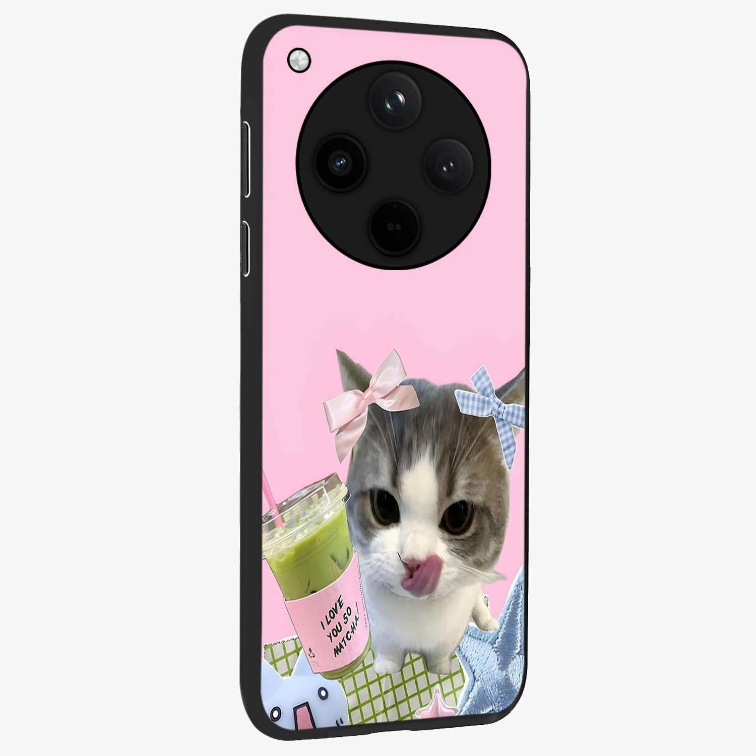 Love Matcha Cat Glass Case upright view showcasing adorable cat artwork with charming matcha themed design.