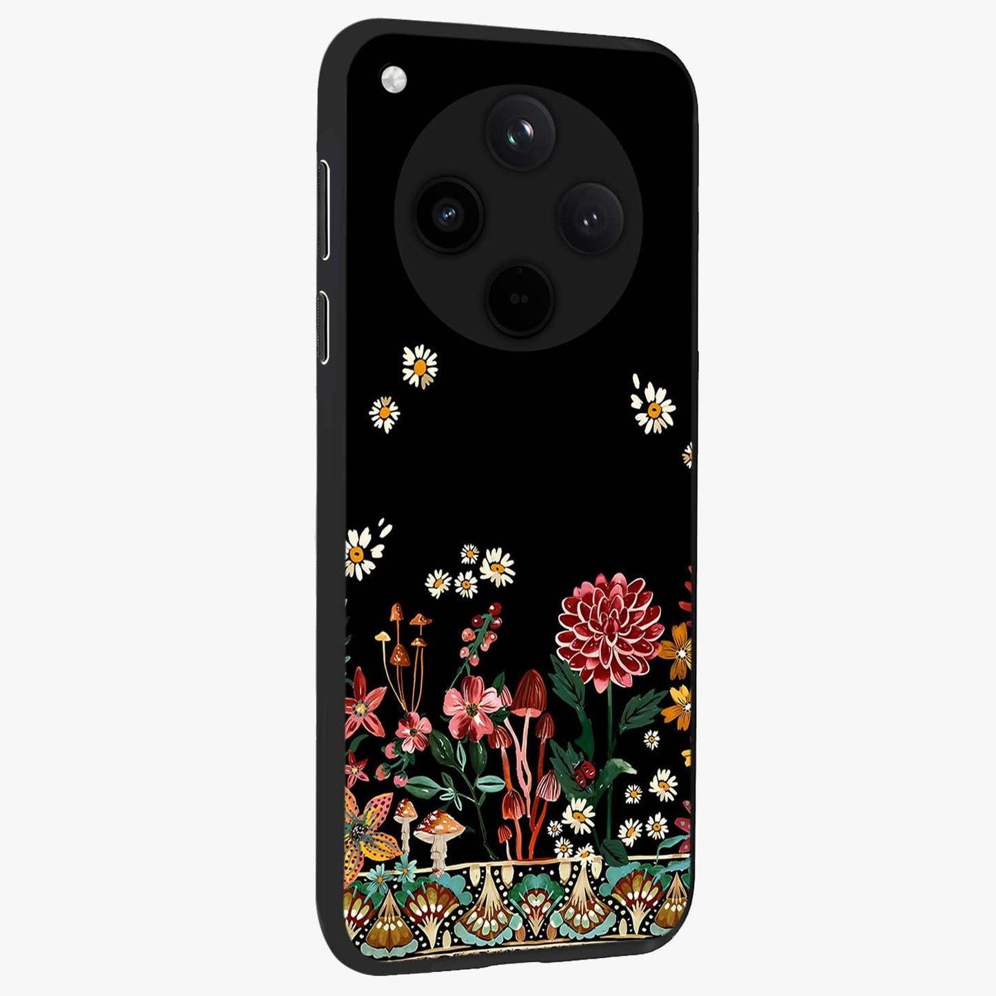 Midnight Bloom Pattern Glass Case upright view showcasing decorative floral artwork with deep night themed palette.