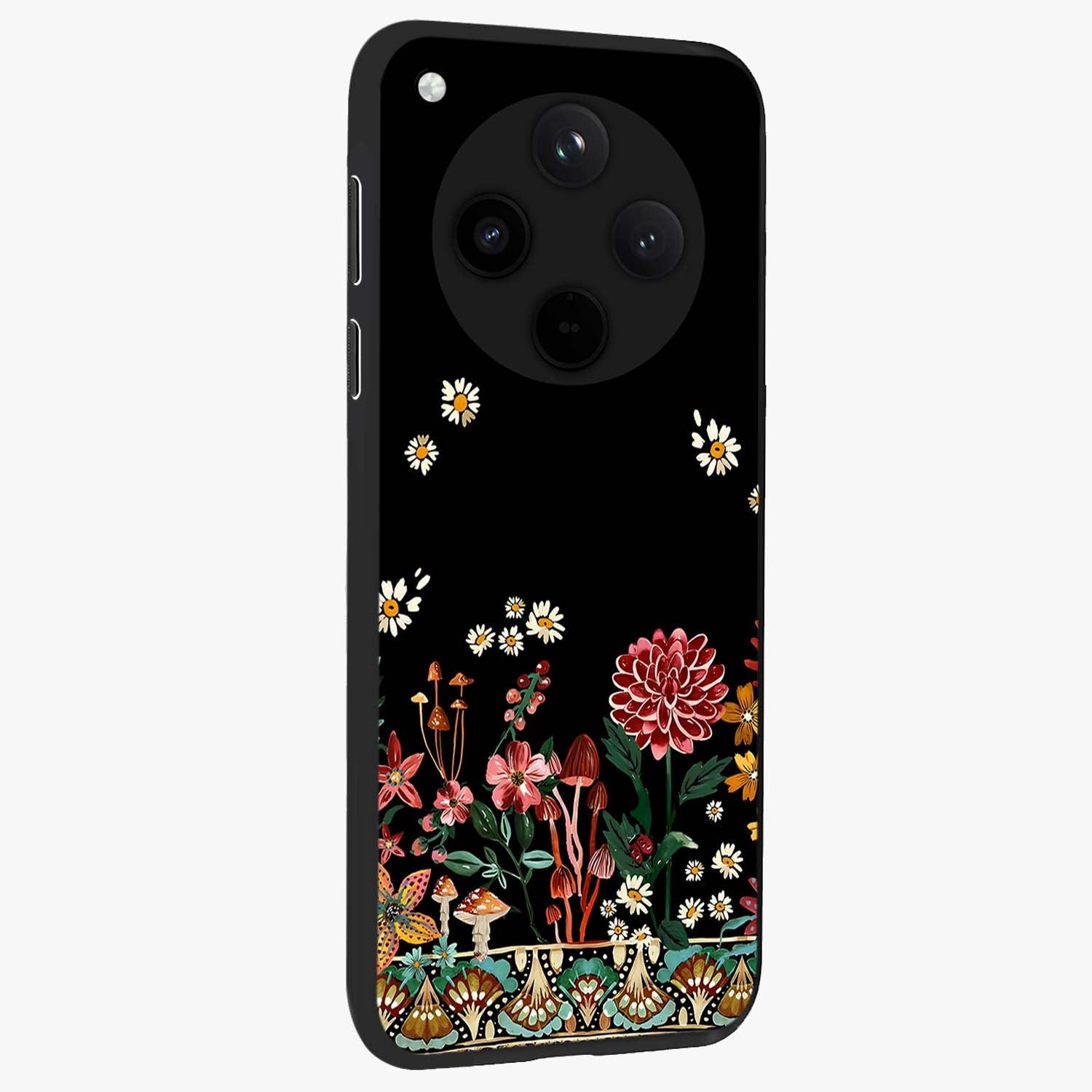 Midnight Bloom Pattern Glass Case upright view showcasing decorative floral artwork with deep night themed palette.