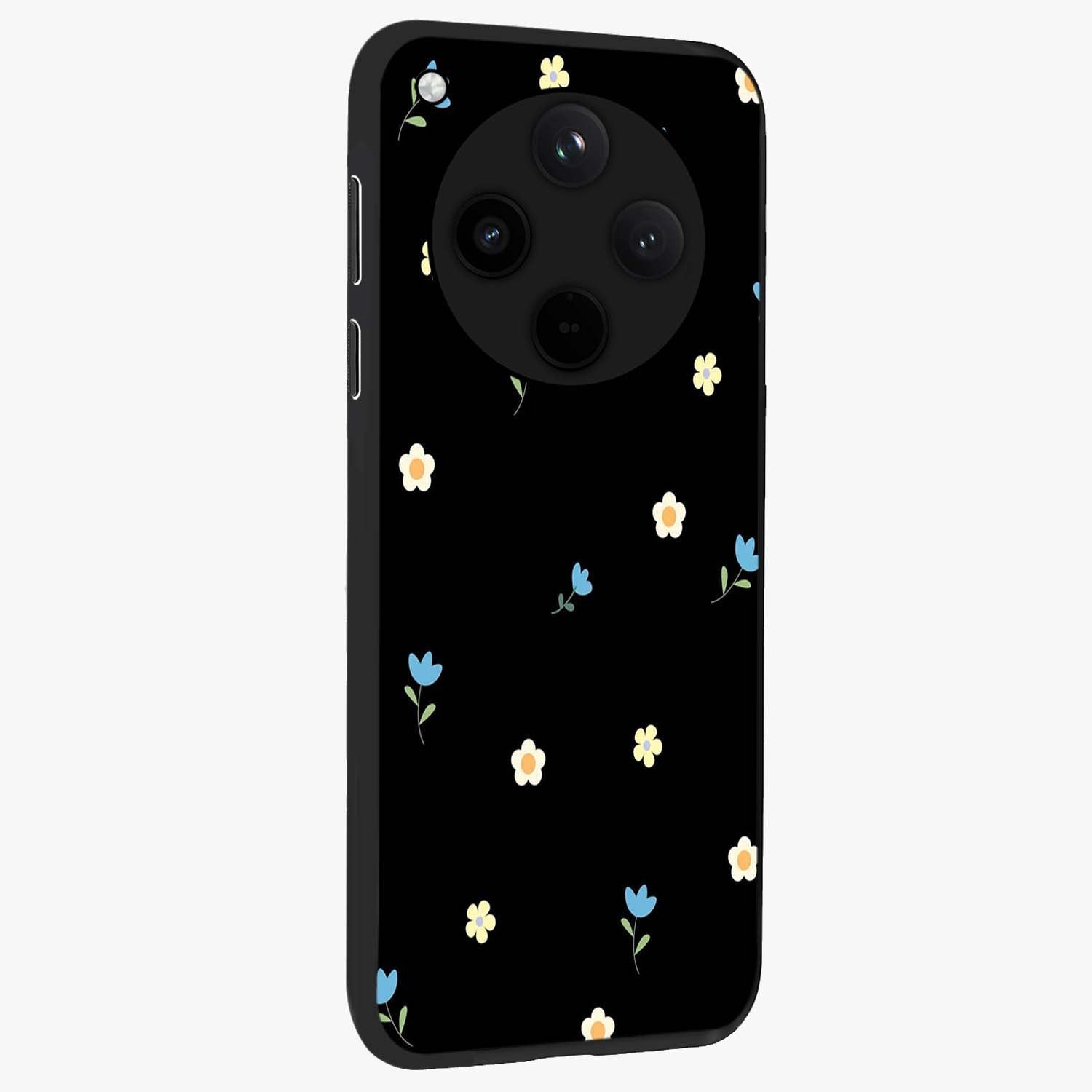Minimal Petal Whispers Glass Case upright view showcasing elegant floral artwork with modern minimalist style.
