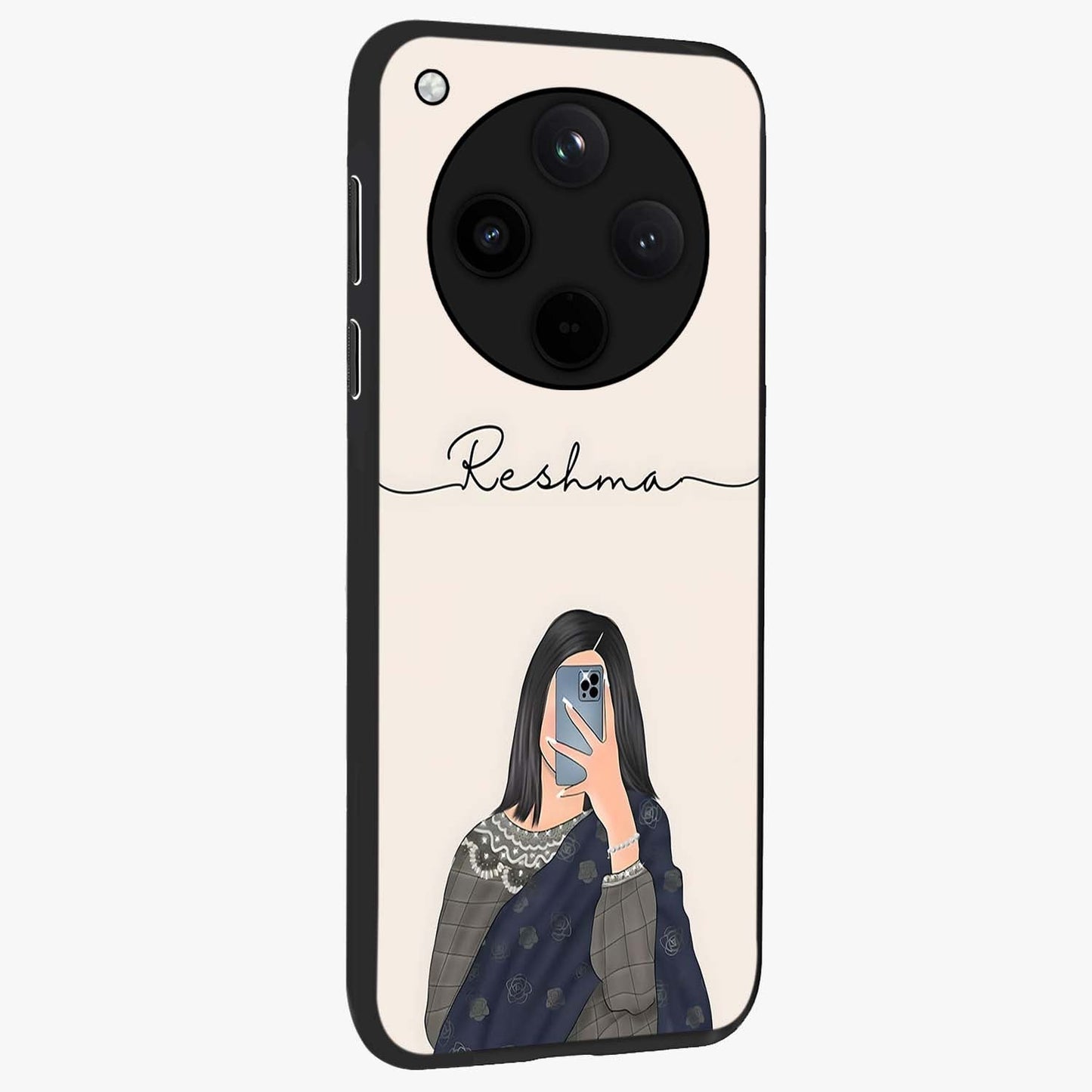 Mirror Mood Muse With Custom Name Glass Case upright view showcasing artistic mirror themed artwork with personalized aesthetic.