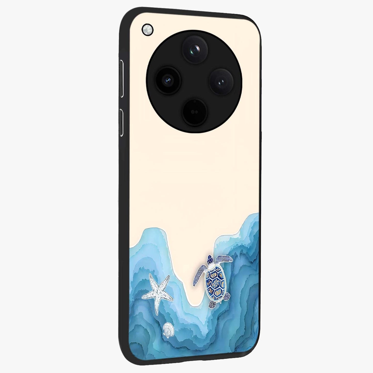Ocean Drift Turtle Glass Case upright view showcasing calm underwater turtle artwork with nature inspired theme.