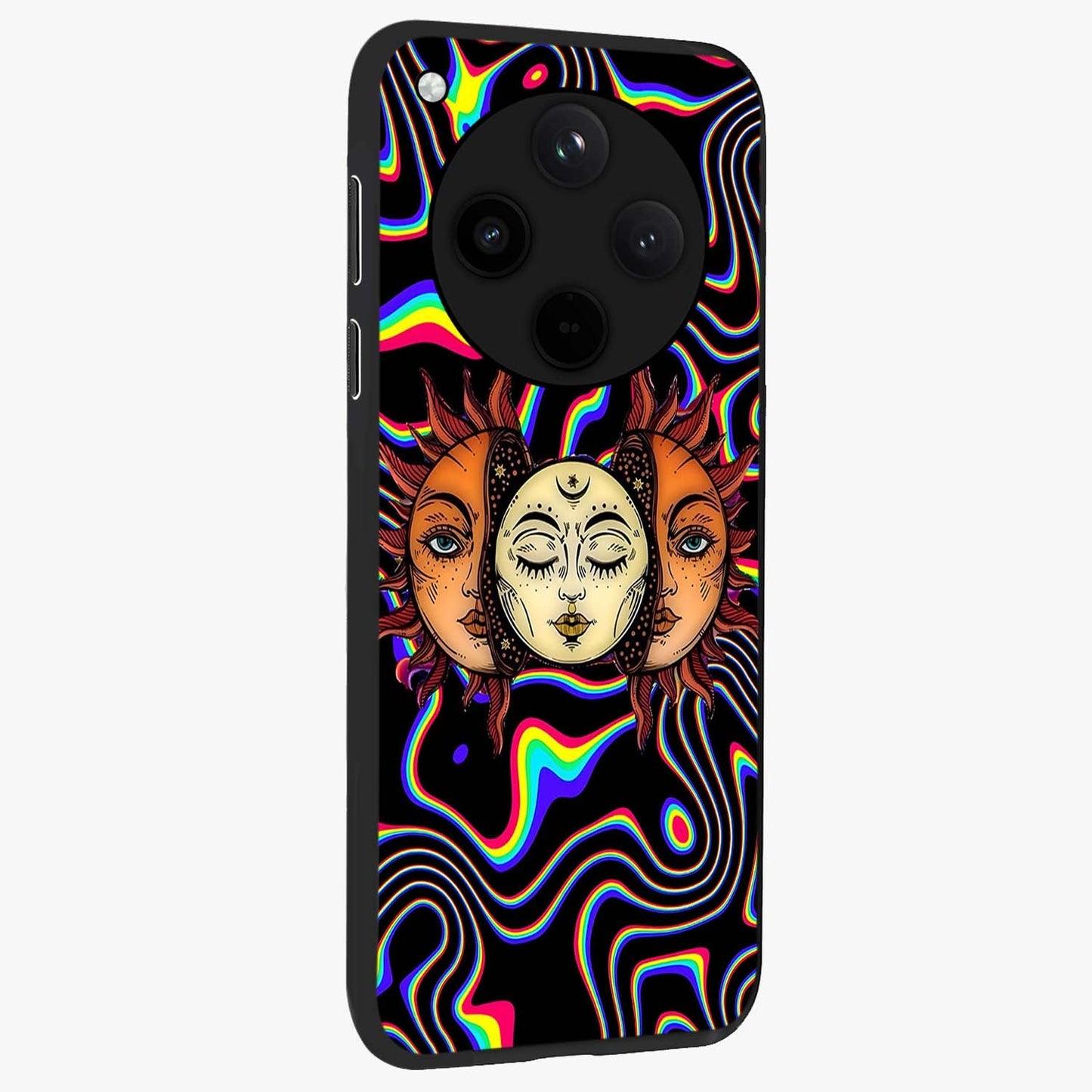 Psychedelic Sun Glass Case upright view showcasing trippy sun artwork with bold psychedelic theme.