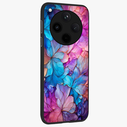 Radiant Floral Whirl Glass Case upright view showcasing lively floral artwork with decorative swirl theme.