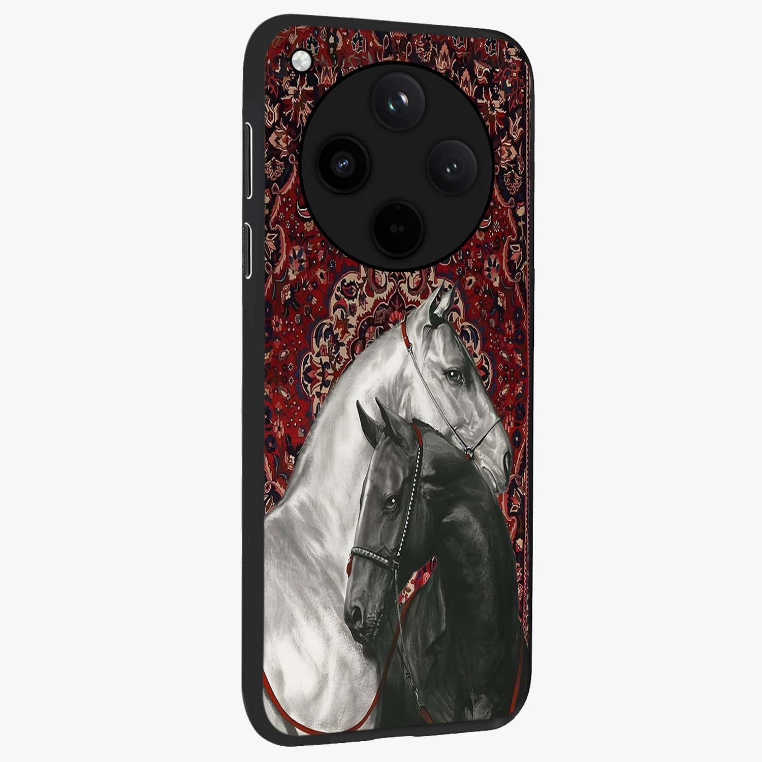 Regal Stallion Tapestry Glass Case upright view showcasing powerful horse artwork with elegant tapestry theme.