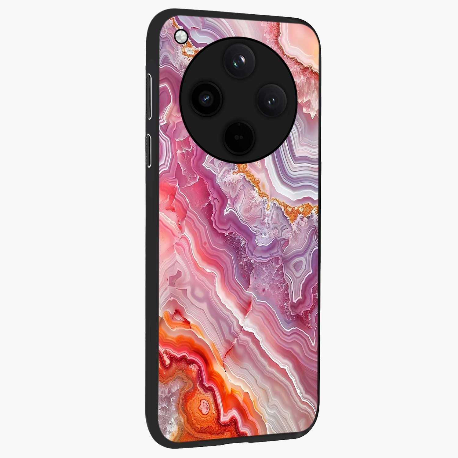 Rose Quartz Marble Glass Case upright view showcasing decorative marble artwork with luxurious pastel theme.
