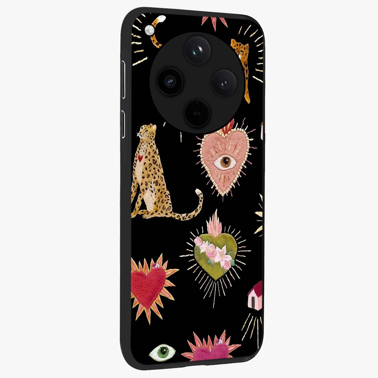 Sacred Jungle Heart Glass Case upright view showcasing vibrant jungle artwork with symbolic heart theme.