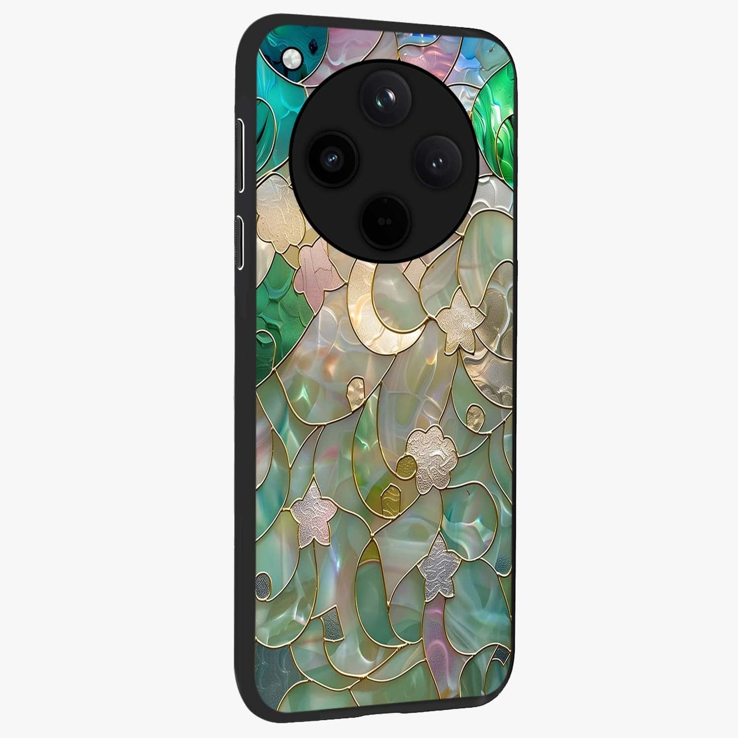Stained Sunrise Glow Glass Case upright view showcasing colorful sunrise artwork with warm morning theme.