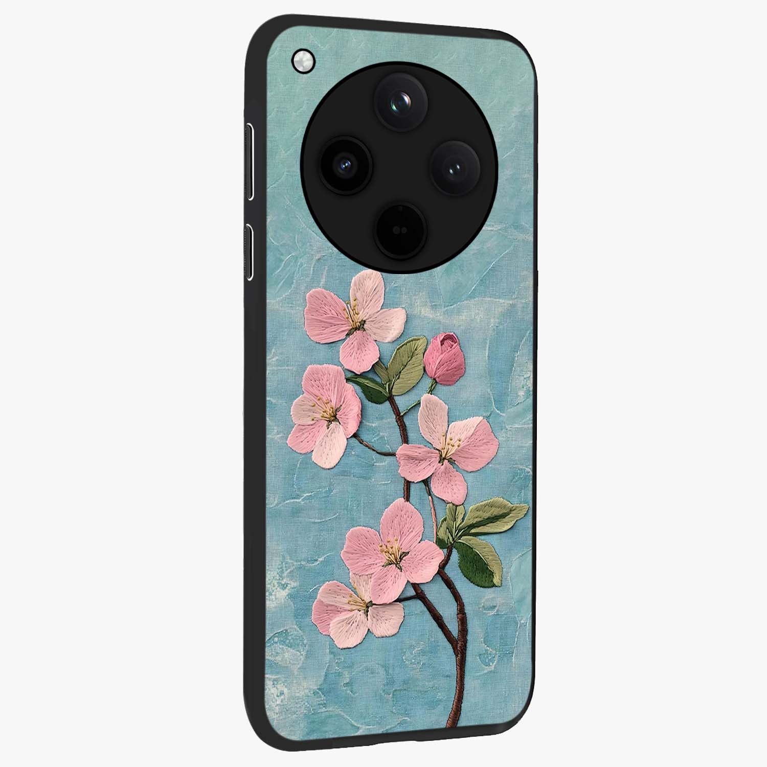 Threaded Blossom Breeze Glass Case upright view showcasing graceful flower artwork with calm botanical theme.