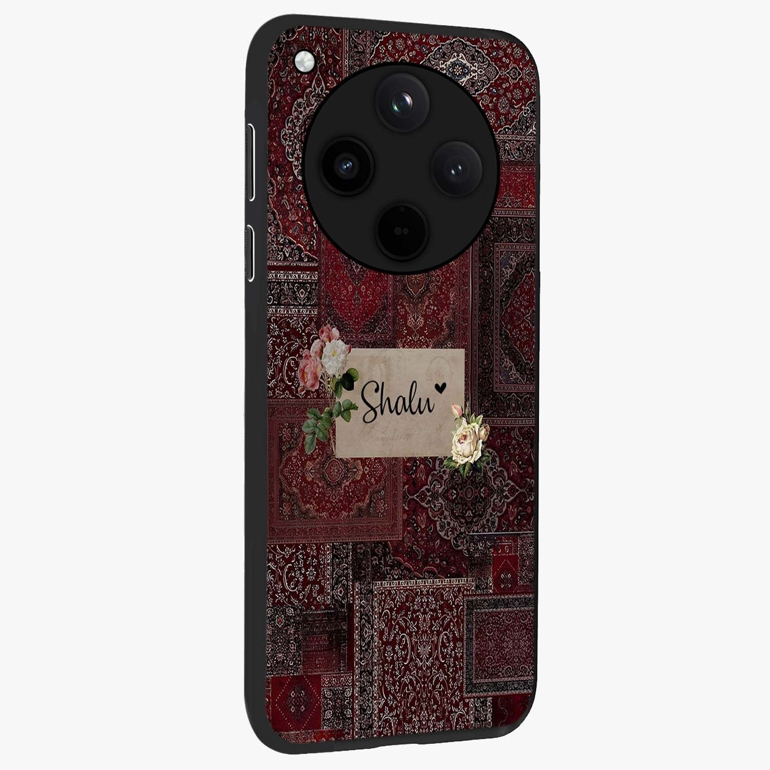Velvet Wine Pattern Custom Name Glass Case upright view showcasing luxurious wine toned artwork with personalized aesthetic.