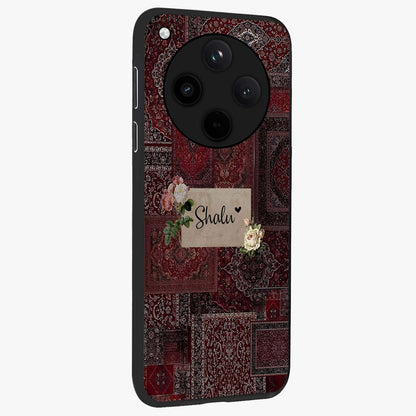 Velvet Wine Pattern Custom Name Glass Case upright view showcasing luxurious wine toned artwork with personalized aesthetic.