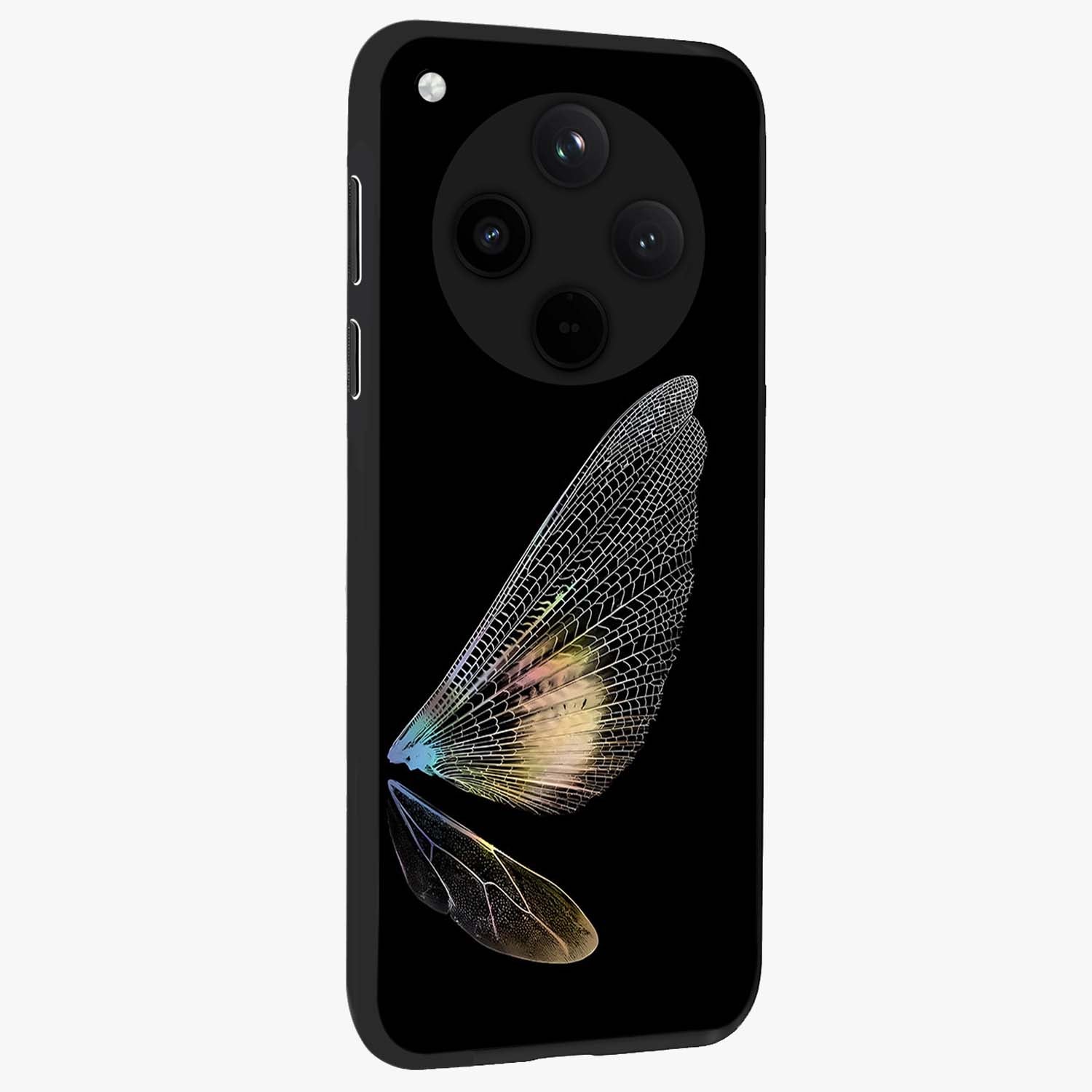 Whispers Of Wings Glass Case upright view showcasing elegant wing artwork with light airy theme.