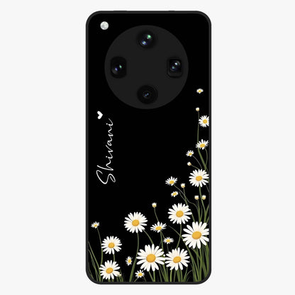 Daisy Cascade Custom Name Glass Case showing flat back view with cascading daisy flowers and personalized name design.