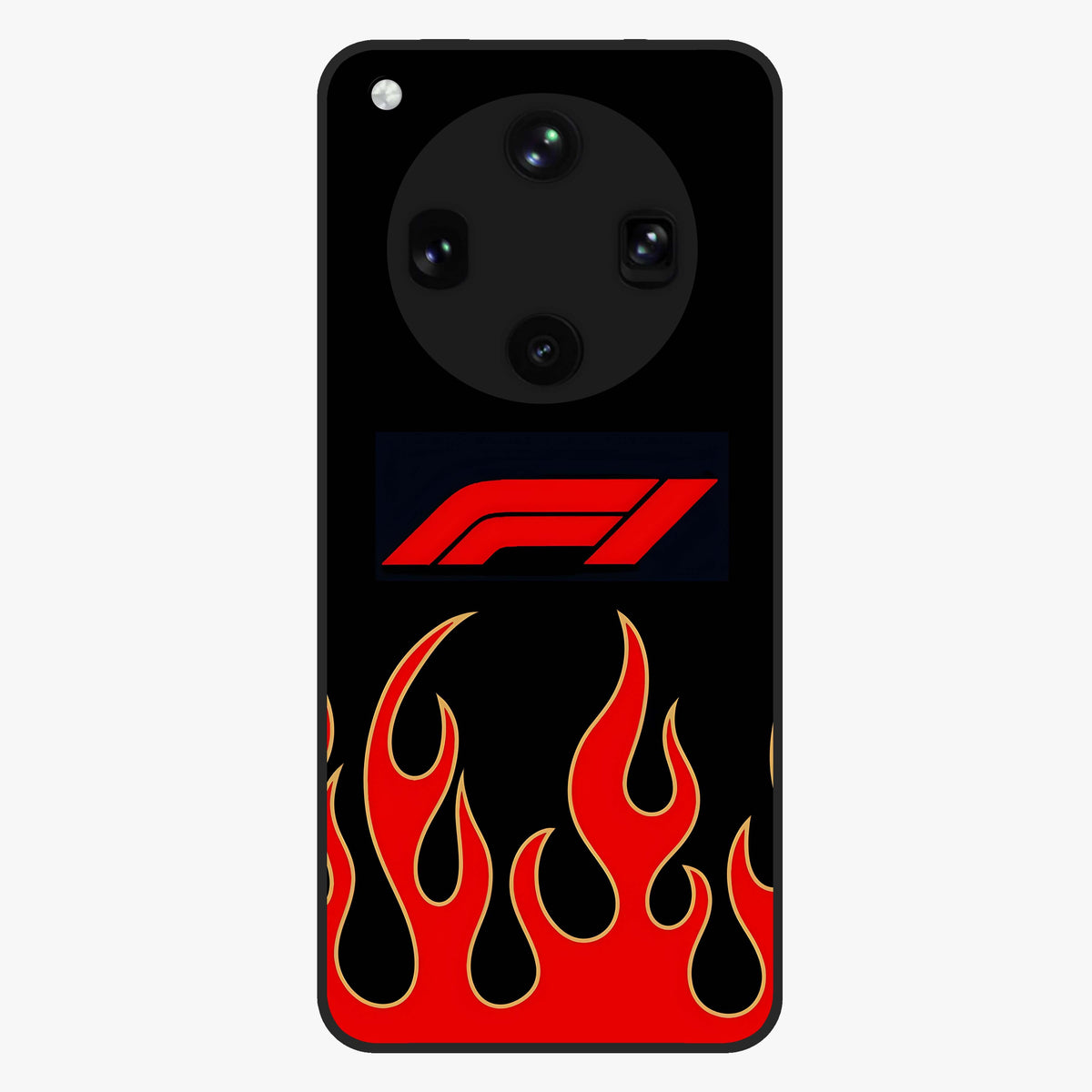 Fire F11 Glass Case showing flat back view with fiery themed artwork and glossy glass finish.