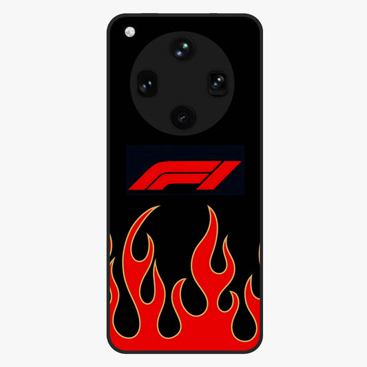 Fire F11 Glass Case showing flat back view with fiery themed artwork and glossy glass finish.