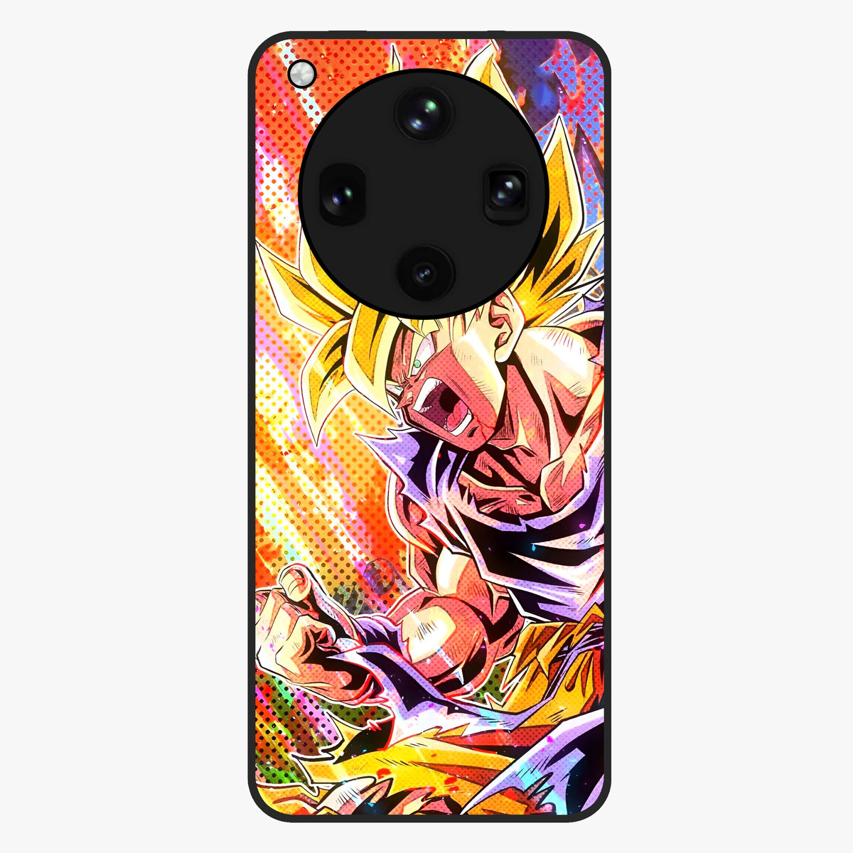 Firing Goku Glass Case showing flat back view with powerful anime inspired artwork and glossy glass finish.
