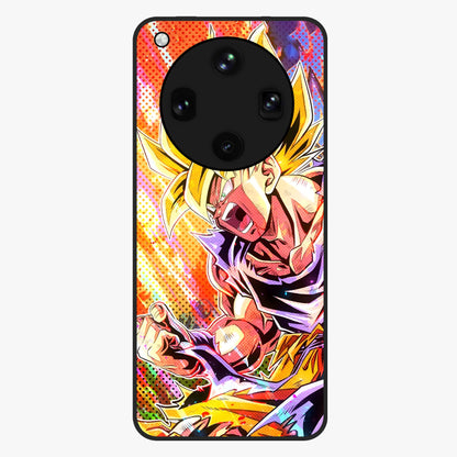 Firing Goku Glass Case showing flat back view with powerful anime inspired artwork and glossy glass finish.