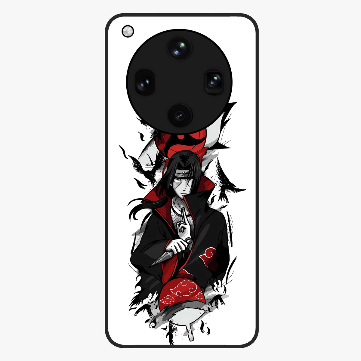 Itachi Sharingan Glass Case showing flat back view with powerful anime eye artwork and glossy glass finish.