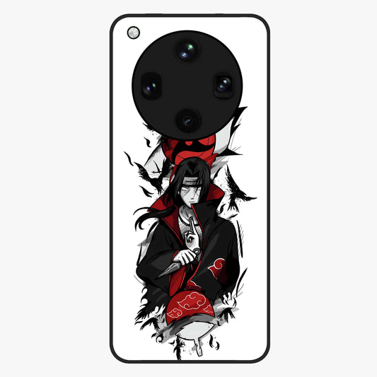 Itachi Sharingan Glass Case showing flat back view with powerful anime eye artwork and glossy glass finish.