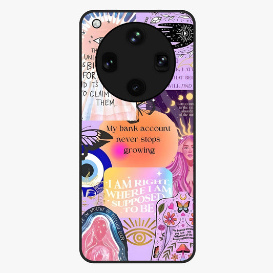 Manifestation Collage Glass Case showing flat back view with motivational collage artwork and glossy glass finish.