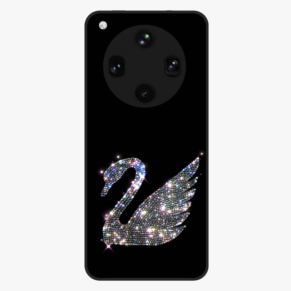 Starlit Swan Grace Glass Case showing flat back view with graceful swan artwork under starry sky and glossy glass finish.