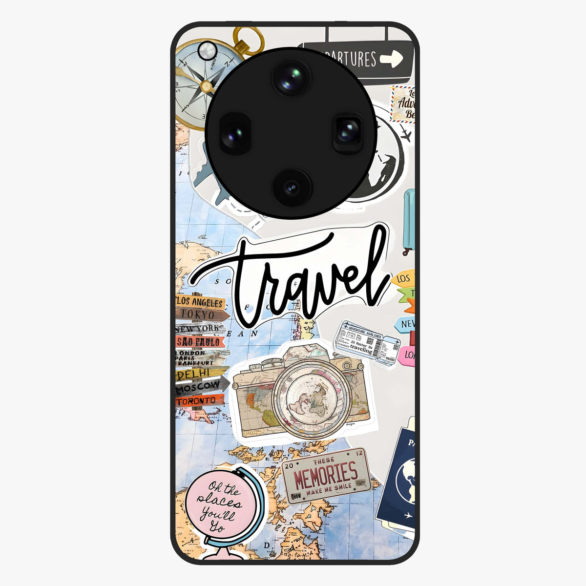 Wanderlust Journal Glass Case showing flat back view with travel inspired artwork and glossy glass finish.