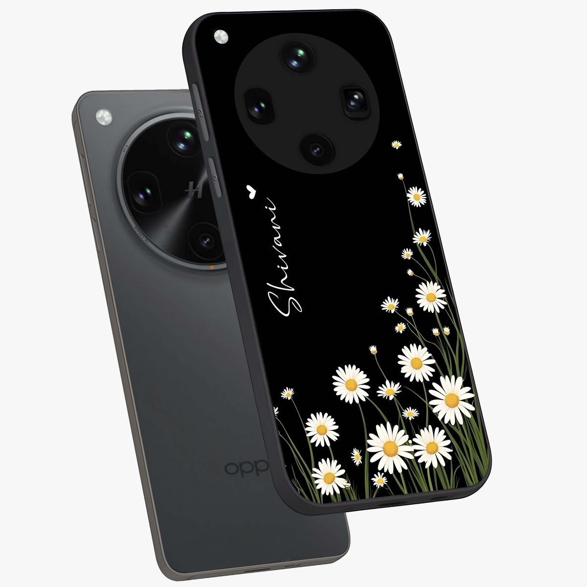 Daisy Cascade Custom Name Glass Case displayed in angled mockup highlighting delicate daisy artwork with custom name feature.
