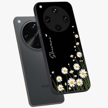 Daisy Cascade Custom Name Glass Case displayed in angled mockup highlighting delicate daisy artwork with custom name feature.