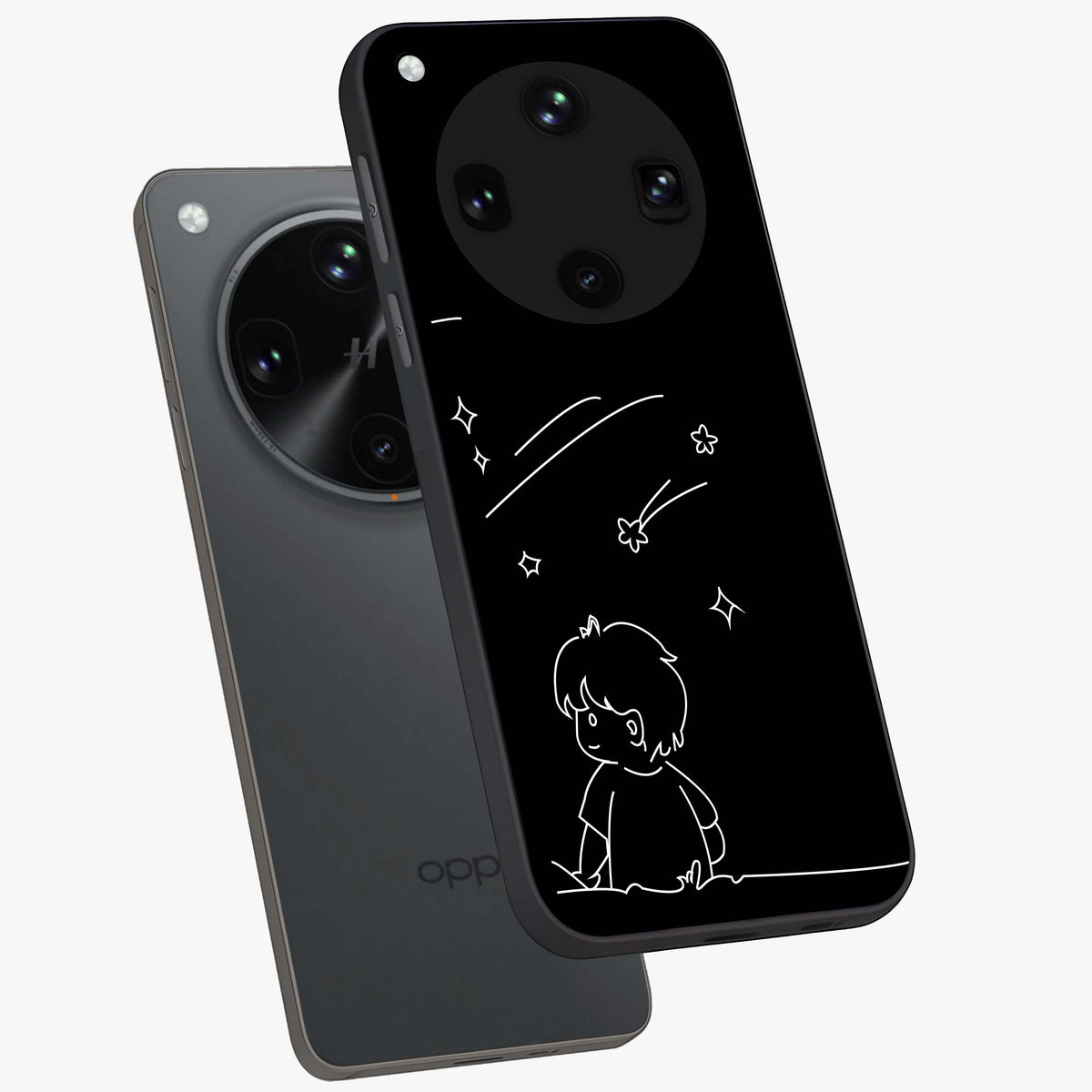 Line Art Boy With Shooting Stars Glass Case displayed in angled mockup highlighting elegant line art design with dreamy star aesthetic.