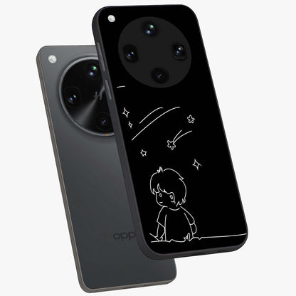 Line Art Boy With Shooting Stars Glass Case displayed in angled mockup highlighting elegant line art design with dreamy star aesthetic.