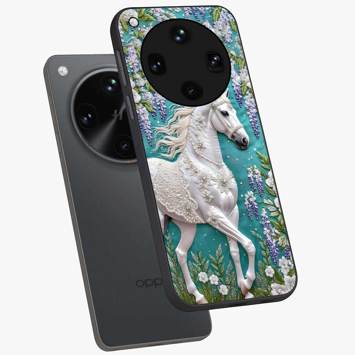 Majestic Floral Stallion Glass Case displayed in angled mockup highlighting majestic stallion illustration with elegant floral aesthetic.