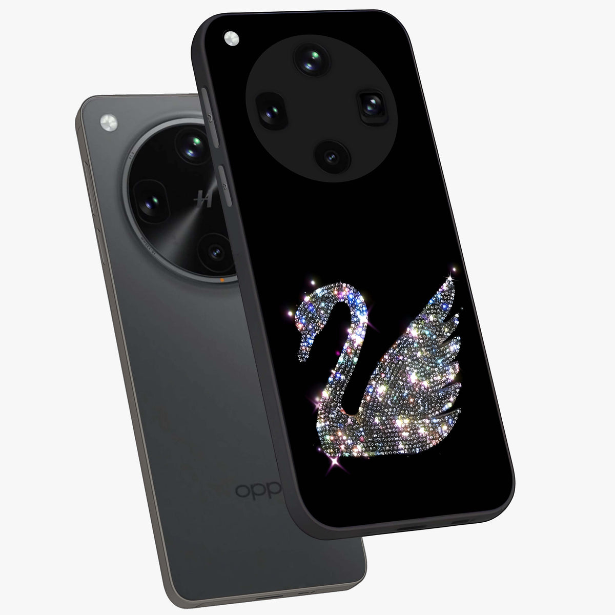 Starlit Swan Grace Glass Case displayed in angled mockup highlighting elegant swan illustration with dreamy celestial aesthetic.