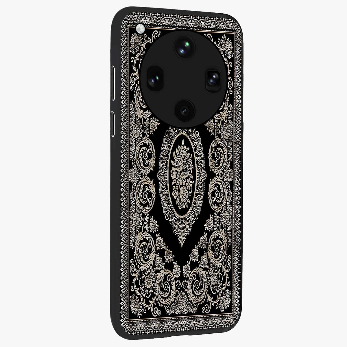 Noir Bloom Elegance Glass Case upright view showcasing graceful floral artwork with luxurious dark theme.