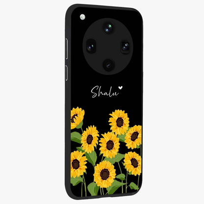 Sunflower Chic Mood Custom Name Glass Case upright view showcasing cheerful sunflower artwork with trendy floral theme.