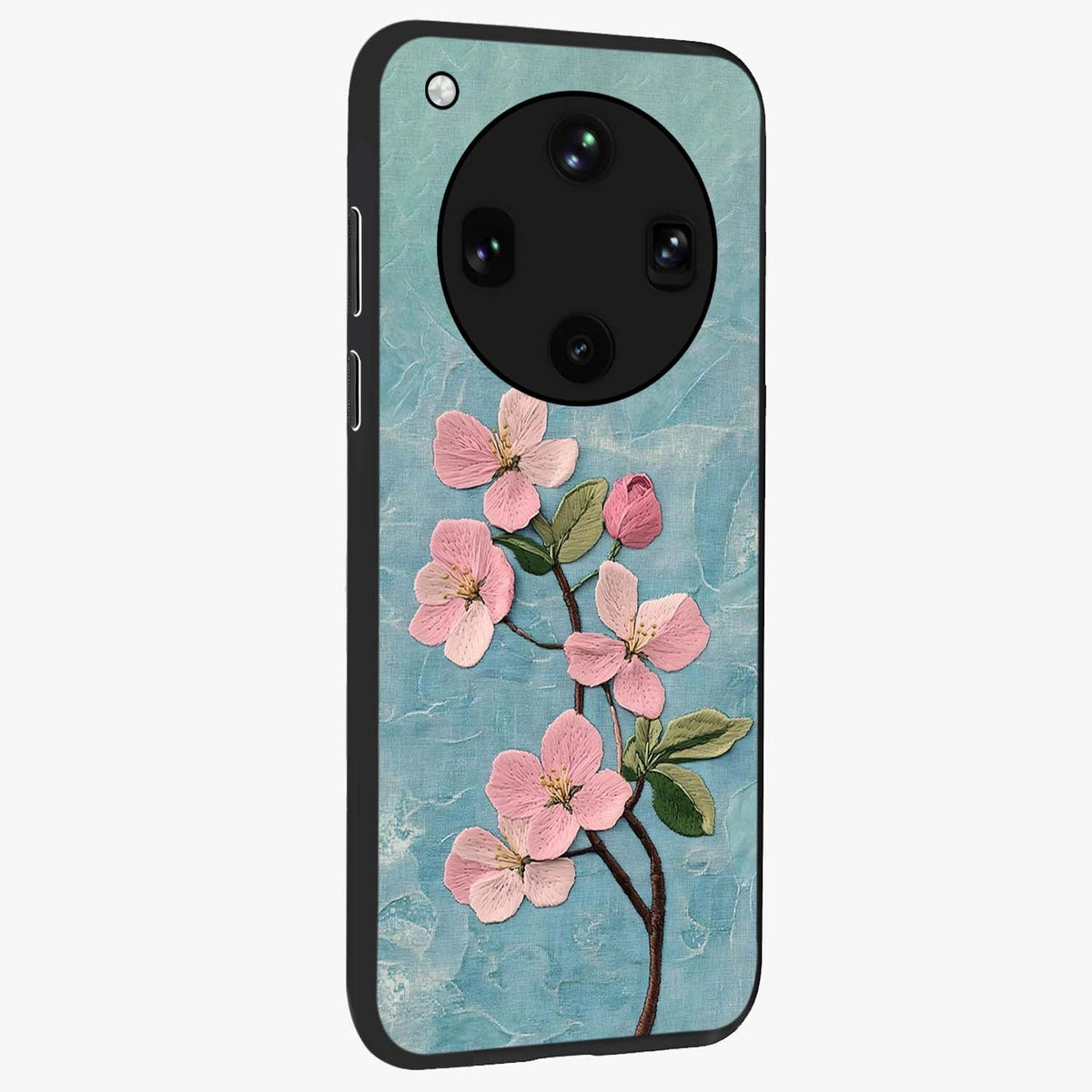 Threaded Blossom Breeze Glass Case upright view showcasing graceful flower artwork with calm botanical theme.