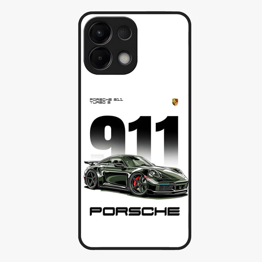 911 Turbo Dominance Glass Case showing clean flat back view with bold 911 sports car artwork and glossy glass finish.