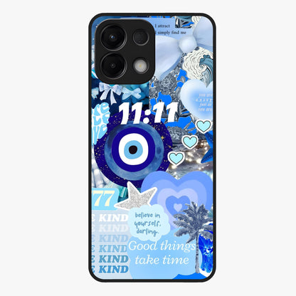 Aesthetic Be Kind Eye Glass Case showing flat back view with motivational eye artwork and glossy glass finish.