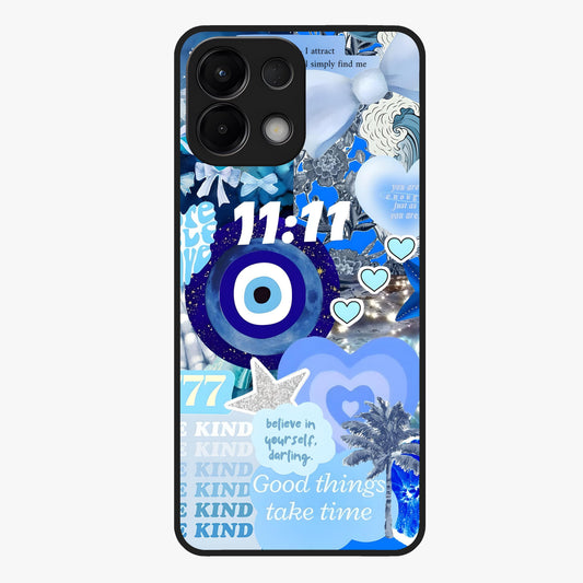 Aesthetic Be Kind Eye Glass Case showing flat back view with motivational eye artwork and glossy glass finish.
