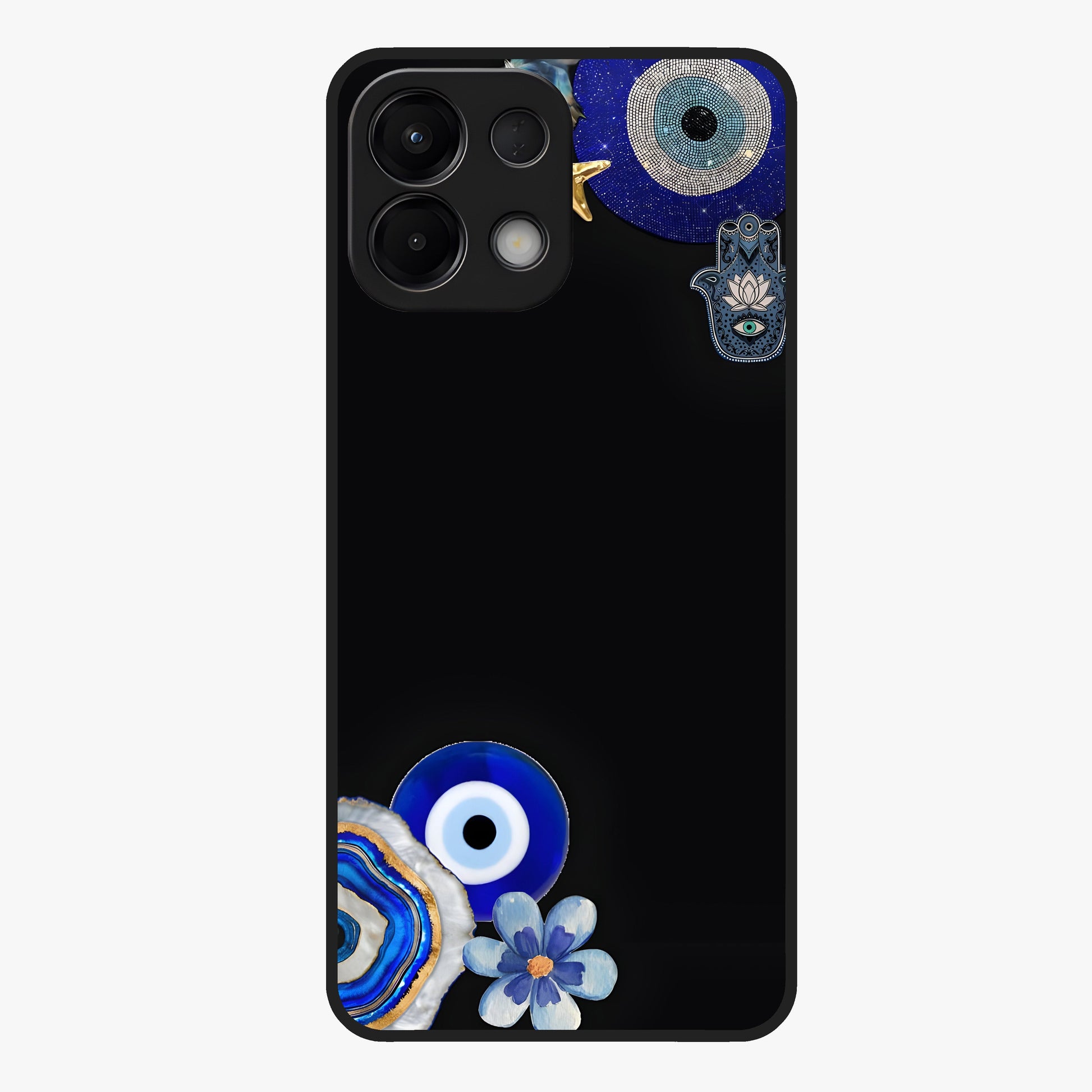 Aesthetic Blue Evil Eye Glass Case showing flat back view with protective evil eye artwork and glossy glass finish.