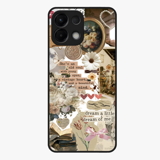 Aesthetic Brown Vintage Collage Glass Case showing flat back view with retro collage artwork and glossy glass finish.