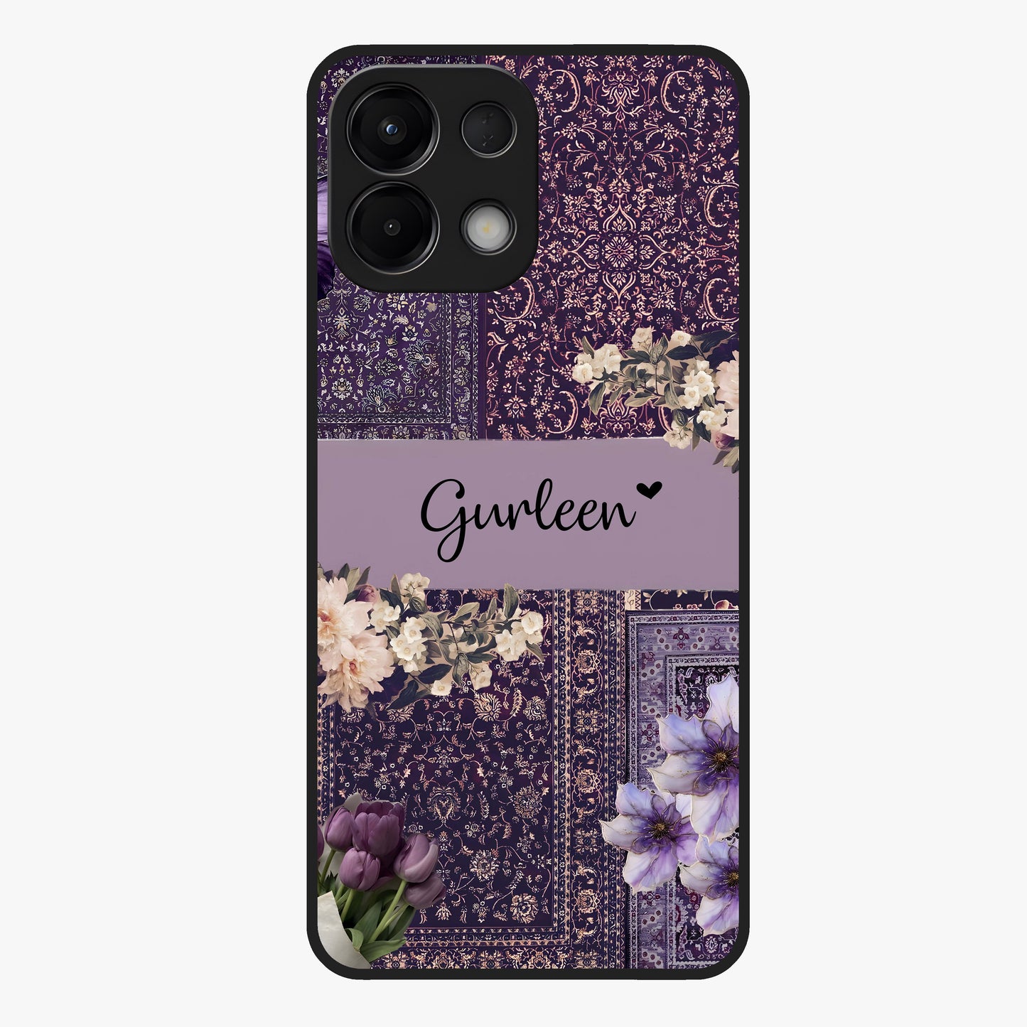 Antique Floral Whisper Custom Name Glass Case showing flat back view with vintage floral artwork and personalized name design.