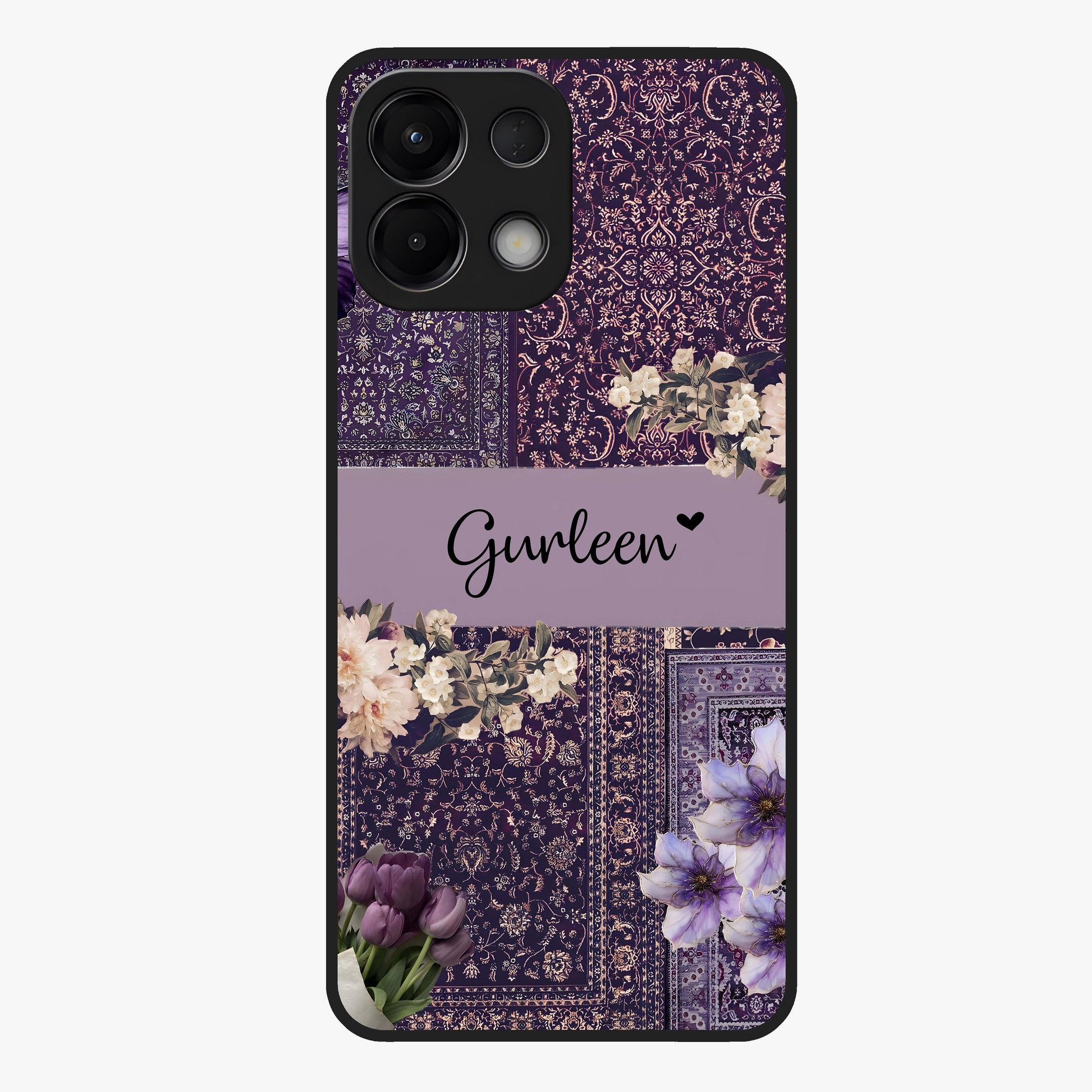 Antique Floral Whisper Custom Name Glass Case showing flat back view with vintage floral artwork and personalized name design.