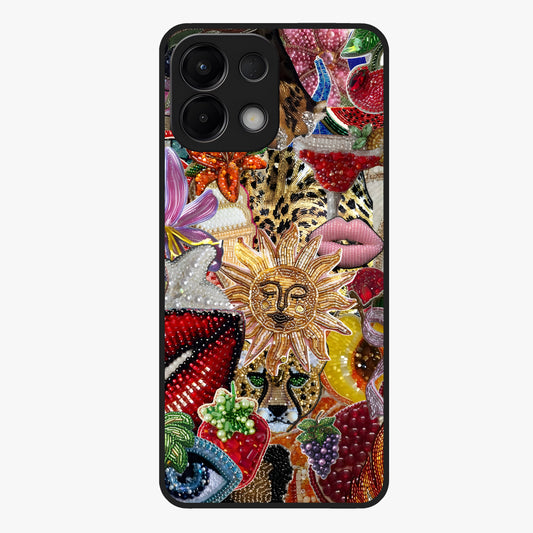 Beaded Fashion Jungle Glass Case showing flat back view with vibrant jungle inspired bead artwork and glossy glass finish.