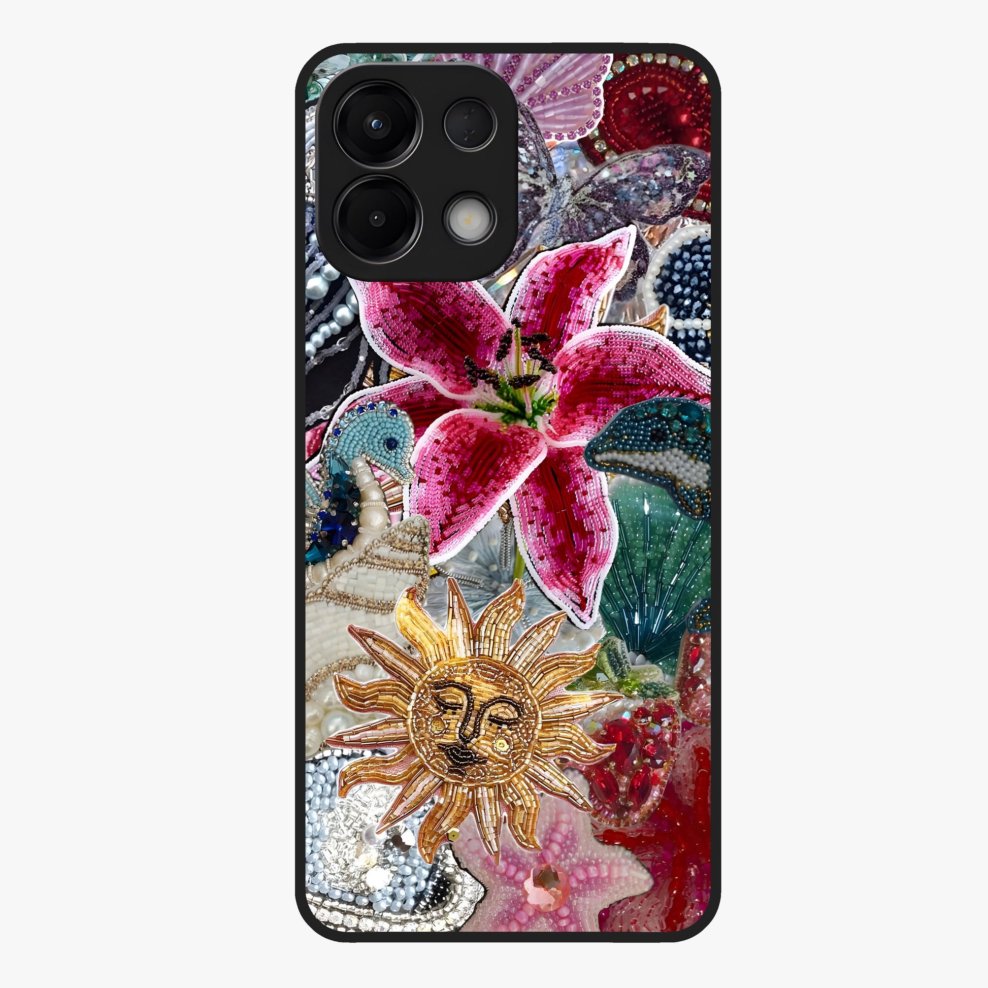 Beaded Garden Fantasy Glass Case showing flat back view with dreamy garden bead artwork and glossy glass finish.