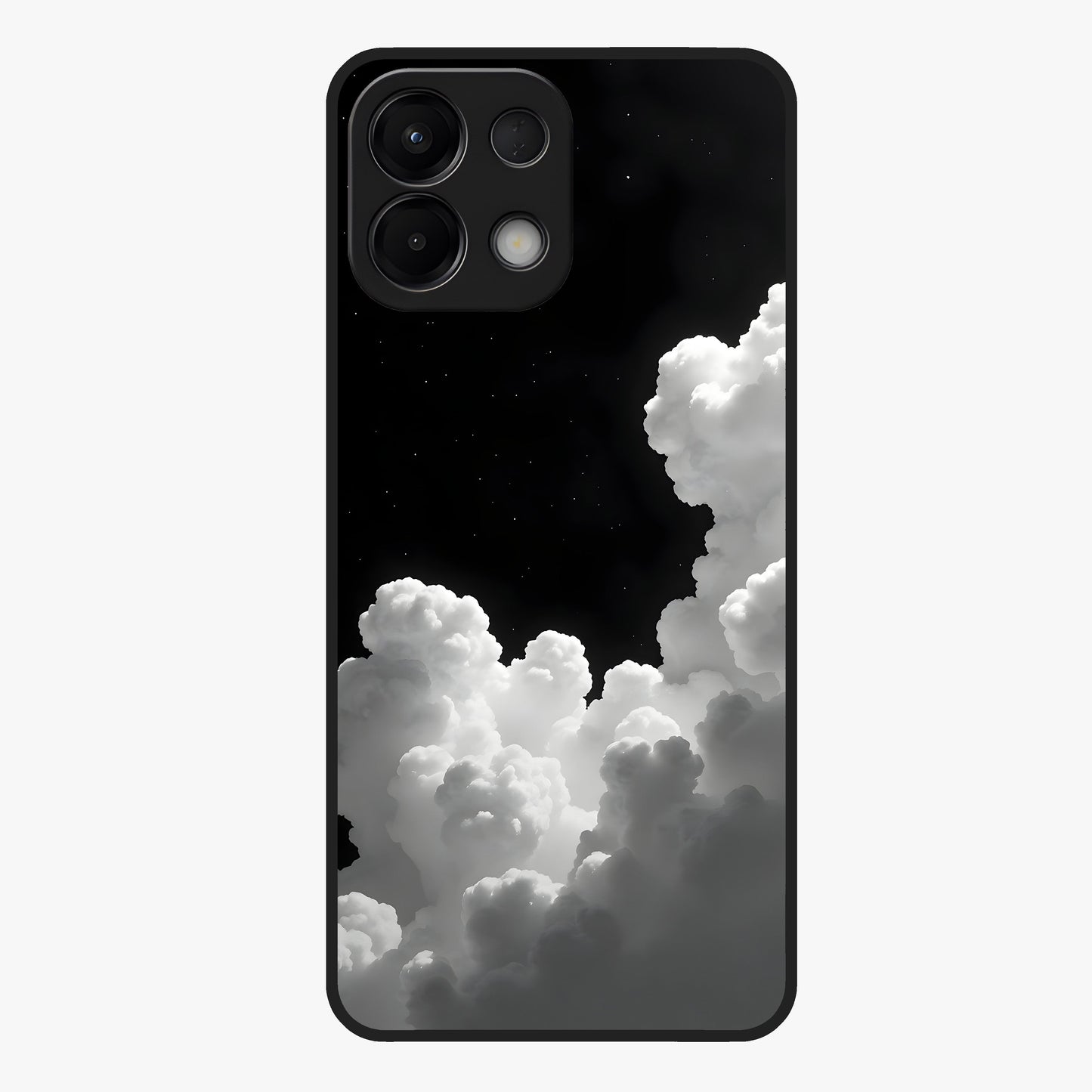 Black Background With White Cloud Glass Case showing flat back view with minimal cloud artwork on dark background and glossy glass finish.