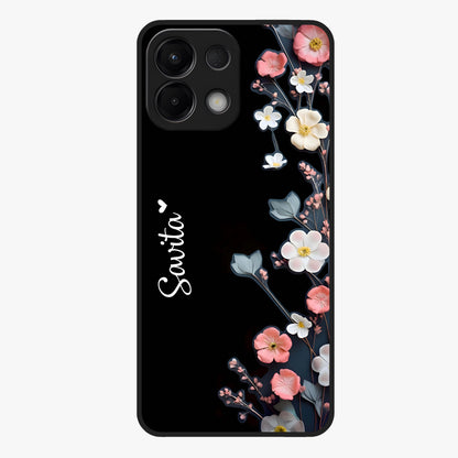 Black Elegance Floral Custom Name Glass Case showing flat back view with elegant floral artwork and personalized name design.