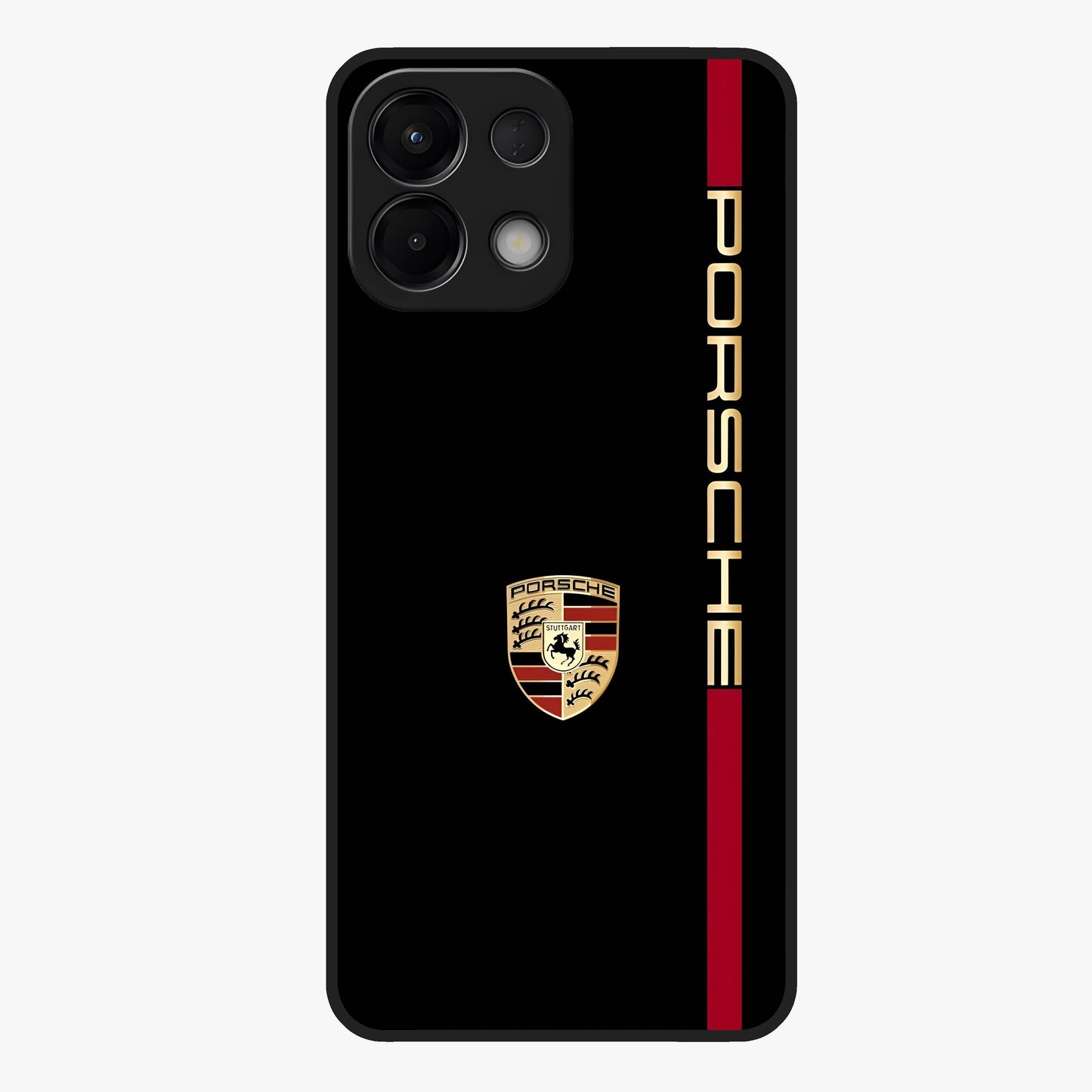 Black Minimal Porsche Glass Case showing flat back view with sleek minimal sports car artwork and glossy glass finish.