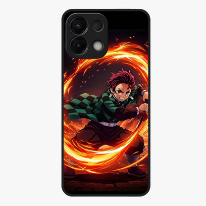 Blazing Sword Resolve Glass Case showing flat back view with fiery sword artwork and glossy glass finish.