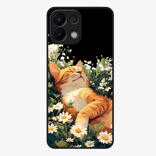 Blissful Bloom Cat Glass Case showing flat back view with cute cat and floral bloom artwork and glossy glass finish.